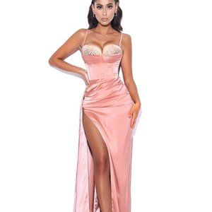 Vanity Blush Pink Satin High Slit Draping Corset Gown With Crystals